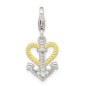 925 Sterling Silver & Gold-plated CZ Heart & Anchor Bracelet Charm Lobster Clasp